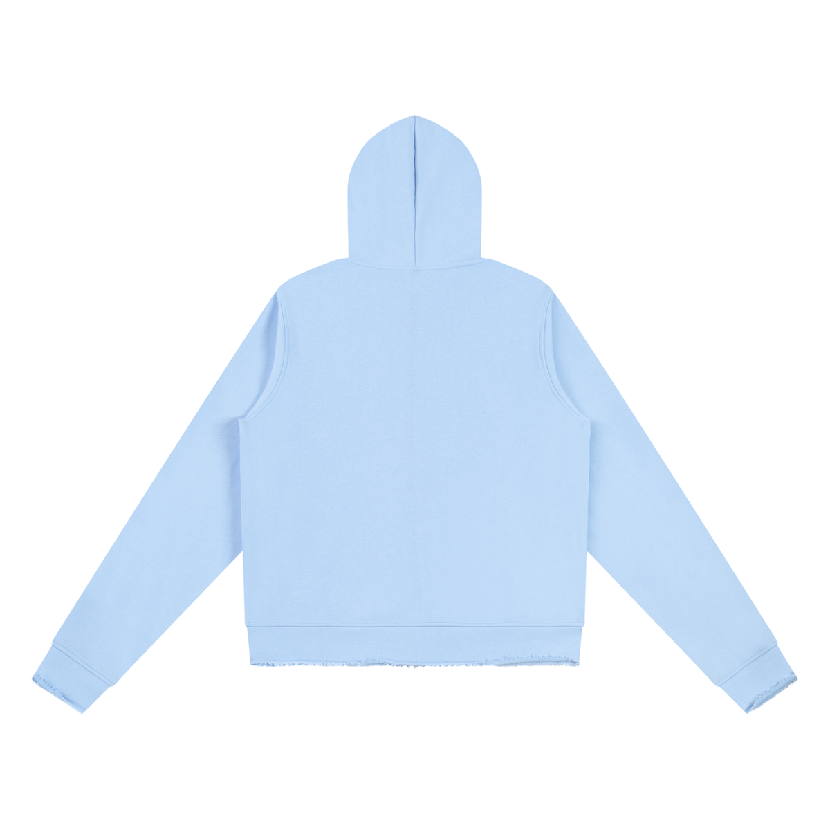 Raw Edge Hoodie — Light blue, back view.