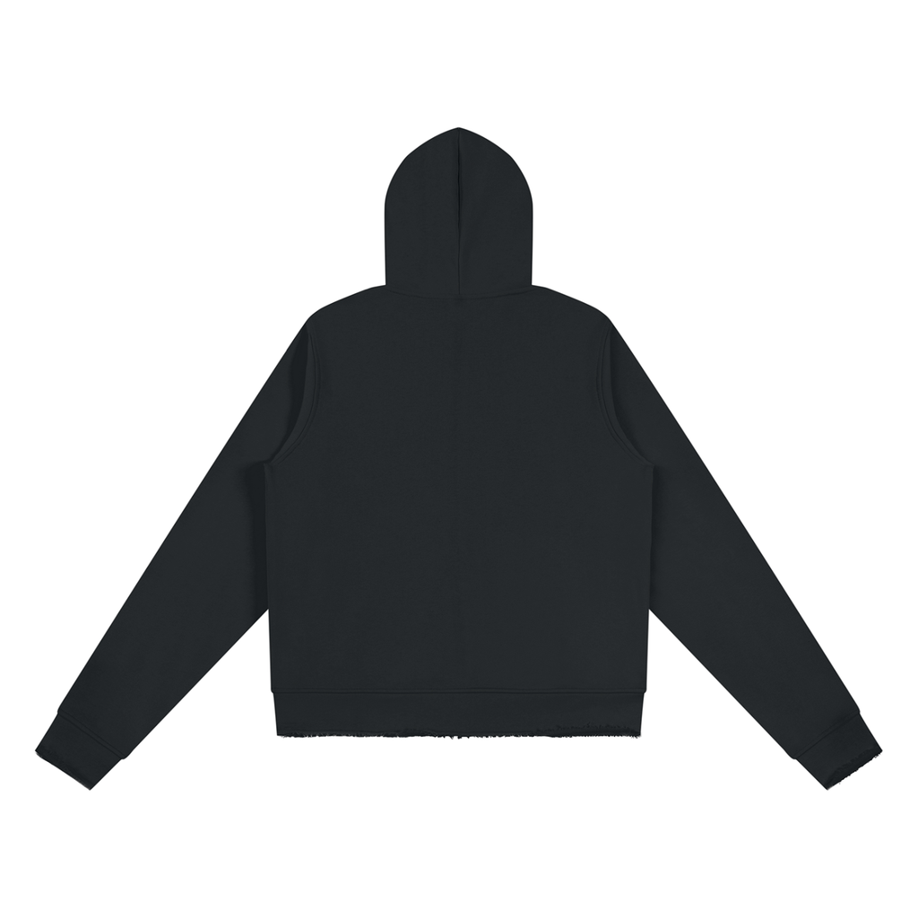 Raw Edge Hoodie — Black, back view.