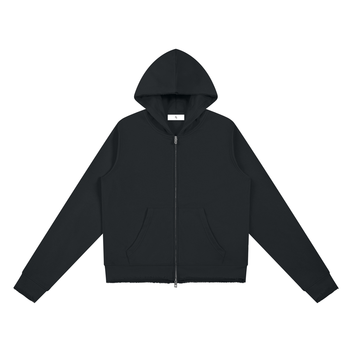 Raw Edge Hoodie — Black, front view.