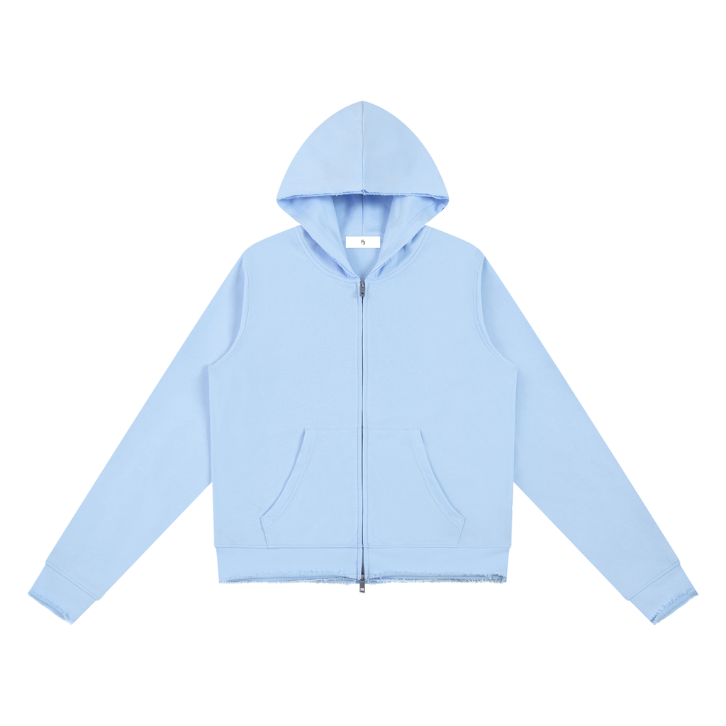 Raw Edge Hoodie — Light blue, front view.