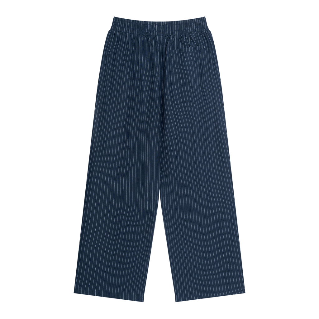 Unisex Striped Pleated Pants — Navy, back view.