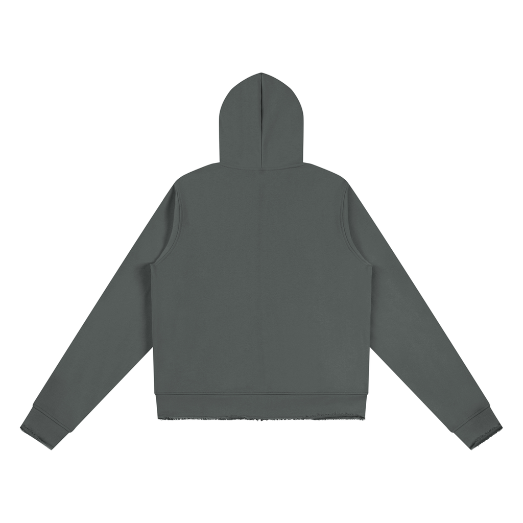 Raw Edge Hoodie — Grey-green, back view.