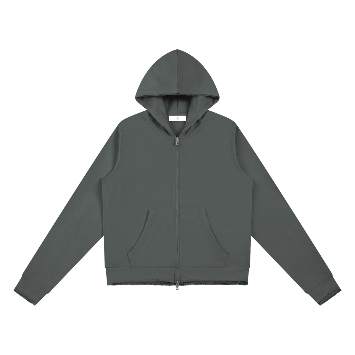 Raw Edge Hoodie — Grey-green, front view.