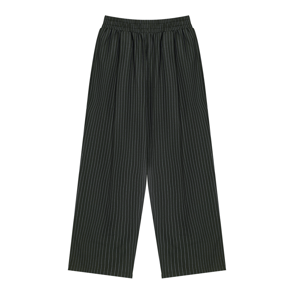 Unisex Striped Pleated Pants — Black, front view.
