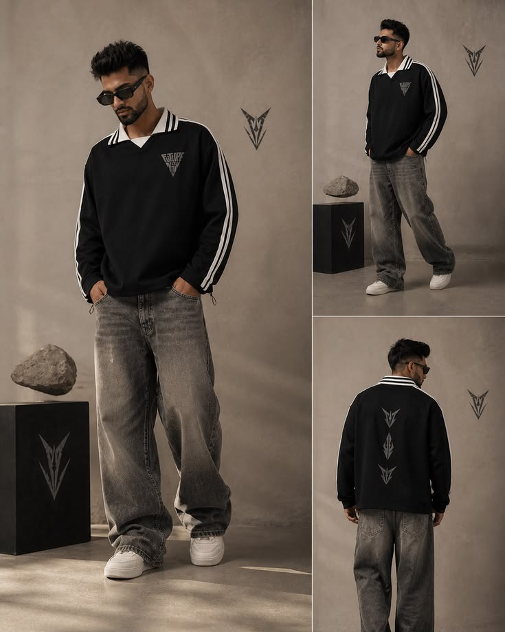 Contrast Striped Lapel Collar Sweatshirt